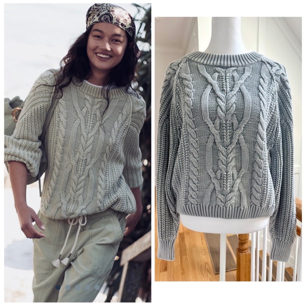 🆕 NWT Free People Frankie Cable Sweater • Silver (sold out color!) • XS